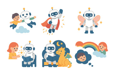 Obraz premium Robots in Imaginary Adventures. Flat vector mini-illustrations imagination and AI relationships in colors