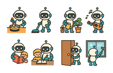 Household Robots in Action. Flat vector mini-illustrations daily life with household robots in colors children