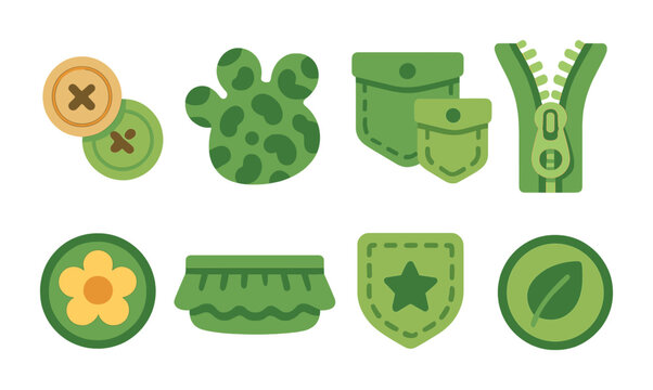 Playful Fashion Elements. Flat vector mini-illustrations playful green fashion details in colors children's