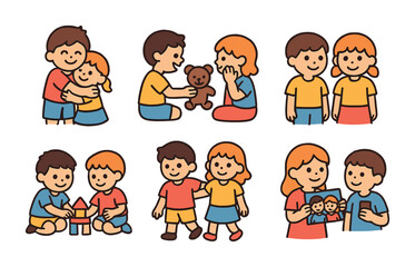 Sibling Love Icons. Flat vector mini-illustrations sibling love in colors children's illustrations: sibling
