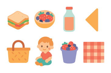 Berry Picnic Fun. Flat vector mini-illustrations berry picnic scene in colors children's illustrations: