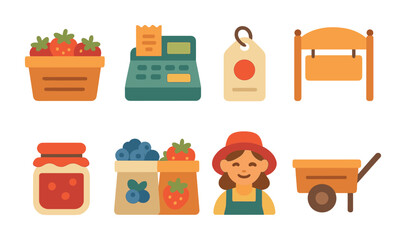 Children's Berry Market Icons. Flat vector mini-illustrations berry market stand in colors children's