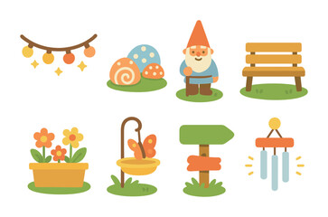 Obraz premium Whimsical Garden Icons. Flat vector mini-illustrations personalized garden corners in colors children's