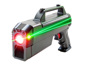 A futuristic laser gun with a green beam and red light, isolated on transparent background