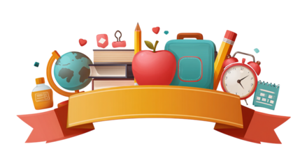Back to School badge design with icons and banner ribbon isolated on transparent background
