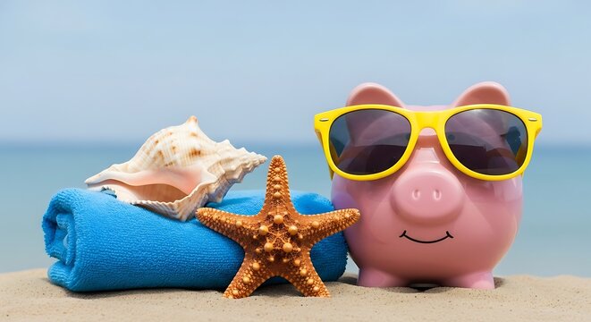 Piggy bank enjoys a beach vacation with seashell and starfish