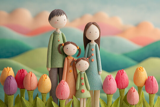 Charming handmade clay family with two daughters standing in a field of colorful tulips