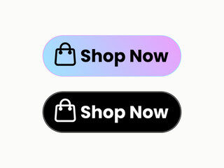 Two shop now buttons with shopping bag icon isolated on white background