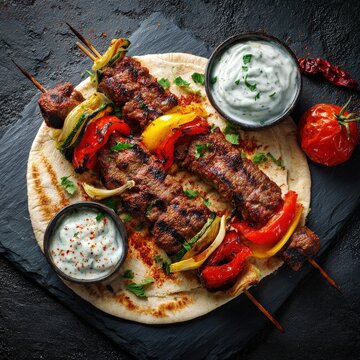 Delicious grilled kebabs served with fresh vegetables and yogurt sauce on a warm flatbread