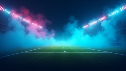 Colorful Night Stadium Lights over Green Field with Fog
