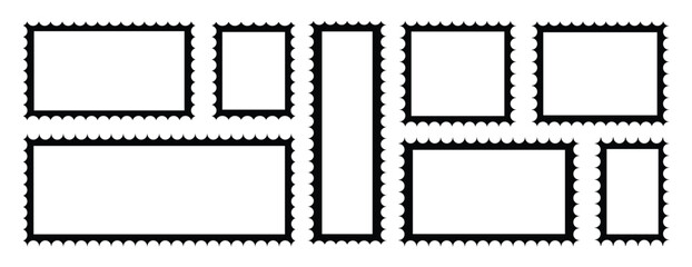 Postage stamp empty borders set. Vintage postage stamp frame with square edges and postal design. Post stamps collection. vector illustration. 