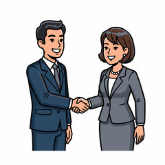 Fototapeta premium A smiling businessman and businesswoman in formal attire shake hands, symbolizing agreement and partnership in a professional setting.