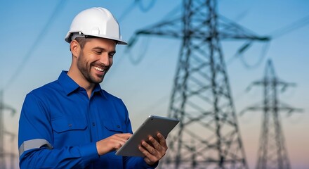 Electrician in hard hat using tablet near power lines