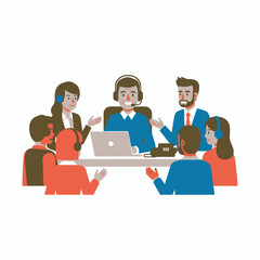 A diverse team of customer service agents with headsets in a business meeting or training session around a table with a laptop.
