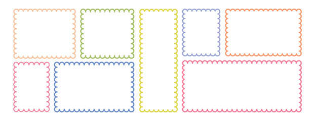 Zigzag Outline rectangle frames with wavy edges.  vector collection of hand-drawn rectangular frames with wavy, scalloped, and zigzag edges. Hand drawn stamp for social media decoration template.