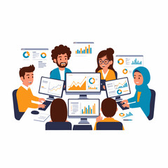 A diverse team of professionals collaborates in a meeting, analyzing data charts and graphs on multiple computer screens.
