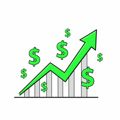 Obraz premium A bar chart with a green upward arrow and dollar signs symbolizing financial growth, profit, and economic success.