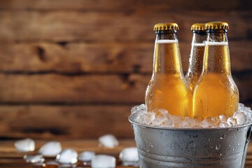 Frosty beer bottles in ice bucket on wooden background, ideal for bar ads, summer party flyers, drink promotions, and beverage branding with ample copy space