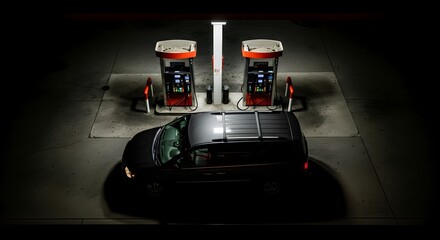 Nighttime view of gas station pumps with a parked vehicle illuminated by overhead lighting creating strong shadows and a sense of solitude.
