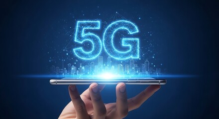 Glowing 5g symbol rises from a smartphone held by a hand