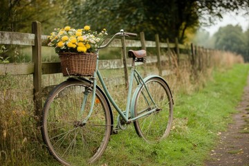 Fototapeta premium Antique bicycle decorated with flowers by gate