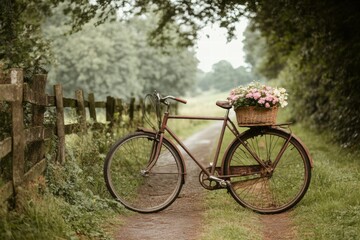 Fototapeta premium Retro bicycle beside country house and flowers