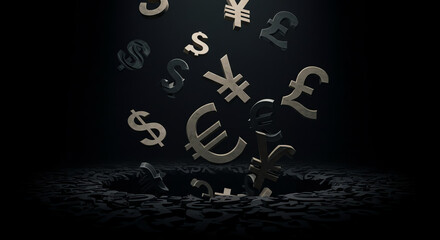 Floating currency symbols in dark background