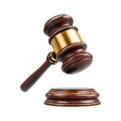 Fototapeta premium Wooden judge gavel with gold band on sound block isolated on transparent white background, clipping path