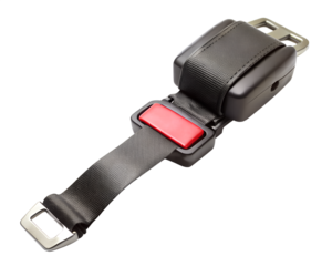 A black car seatbelt buckle with a red release button, isolated on transparent background