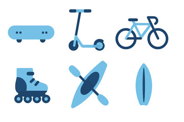 Flat vector recreational transport icons in light and dark blue featuring skateboard, bicycle, and kayak. Perfect for leisure and sports stock projects.