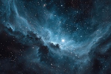 Obraz premium Dramatic display of a distant galaxy featuring swirling blue and purple nebulae and a bright, central burst of radiant light