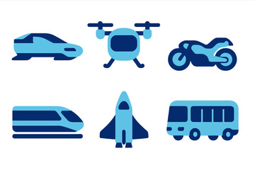 Set of six blue future transport icons featuring space shuttle, autonomous bus, and futuristic motorcycle. Ideal for concept designs and stock images.