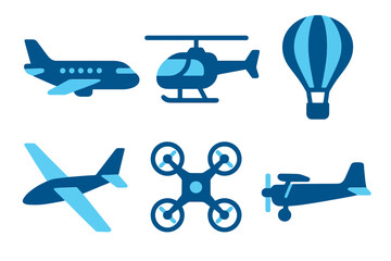 Flat vector air transport icons in light and dark blue including airplane, helicopter, and drone. Perfect for aviation and travel stock designs.