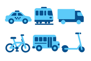 Flat vector transport icons in light and dark blue including taxi, school bus, and foldable bike. Perfect for urban mobility apps and city guides.