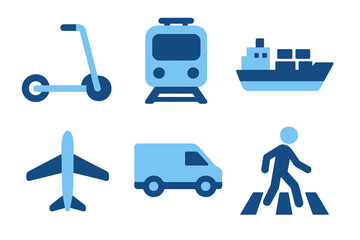 Flat vector transport icons in light and dark blue including electric scooter, cargo ship, and airplane. Perfect for modern transport apps and maps.