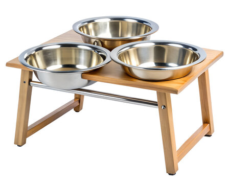 Elevated wooden pet feeder with three stainless steel bowls isolated on transparent background - Powered by Adobe