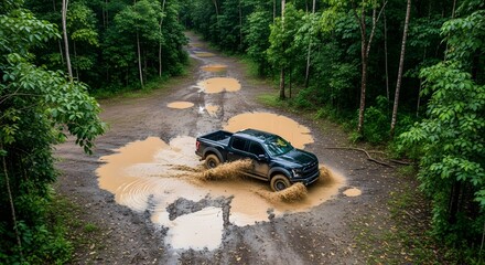 Aerial view of a dark colored vehicle driving through muddy puddles on a dirt road surrounded by dense green forest trees splashing water