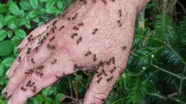 Detailed macro view of ants walking across human skin. The movement of their tiny legs and the texture of the skin create a fascinating and slightly ticklish visual experience. Great for projects