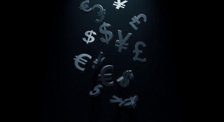 Floating currency symbols in dark background representing global finance