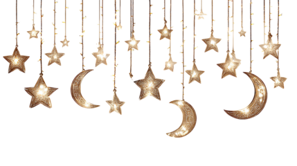 Decorative lights shaped as stars and crescents isolated on transparent background 
