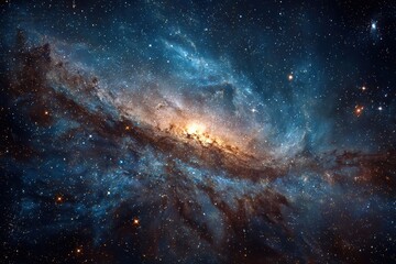 Dramatic display of a distant galaxy featuring swirling blue and purple nebulae and a bright, central burst of radiant light