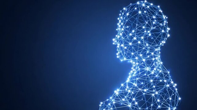 Silhouette of a human head formed by interconnected nodes, glowing against a dark blue gradient