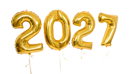 2027 gold foil balloons float isolated on white background PNG. AI GENERATED