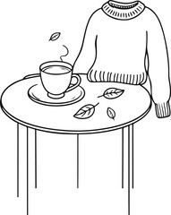 minimal line art of autumn leaves, cup of coffee and a sweater on a table, black and white, outline style for stock illustration 3