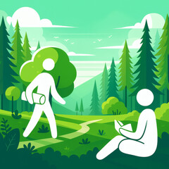 Stylized people enjoying nature in green forest landscape