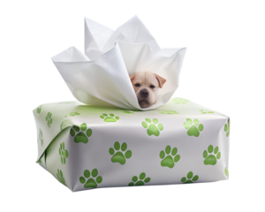A cute puppy peeking out of a gift box wrapped in paw print paper, isolated on transparent background