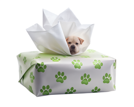 A cute puppy peeking out of a gift box wrapped in paw print paper, isolated on transparent background