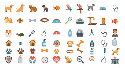 Obraz premium Pet icon set with various animals and accessories for pet care 