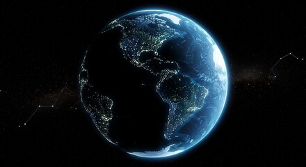 Planet Earth at night seen from space, showing the Americas with glowing city lights and constellations.