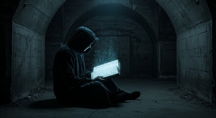Mysterious hooded figure illuminated by a glowing book in a dark, atmospheric underground space